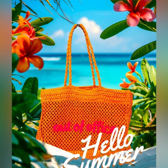 Neon Orange and Pink “Out of Office” Raffia Tote - New without tags - Picture 2 of 7
